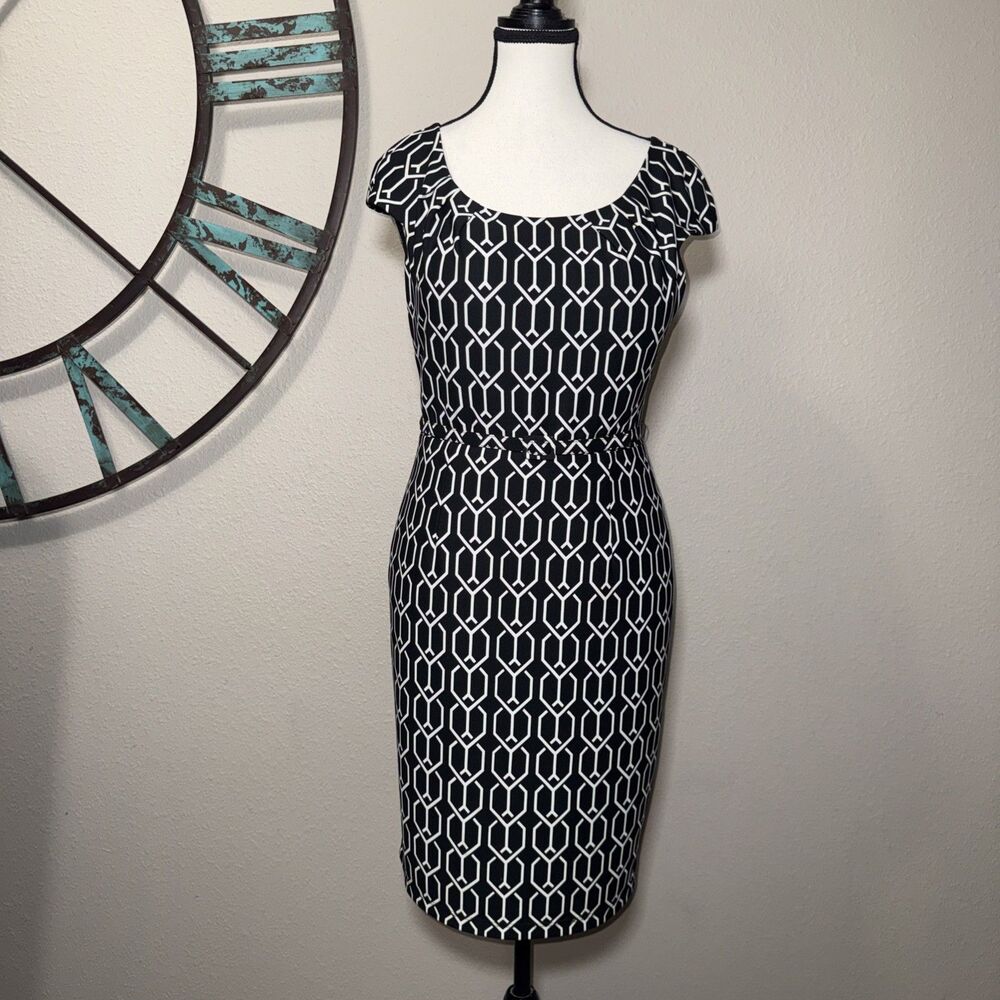 David Meister Dress Petite 8P Designer Black & White Geometric Print Belted EUC